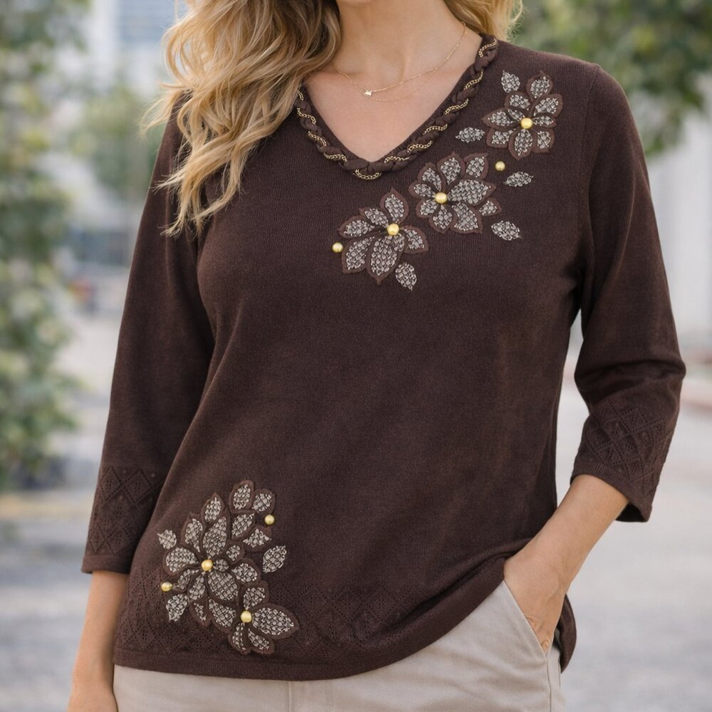 Women’s Top Petite XL Brown Pullover Embellished Floral Appliqué cottagecore